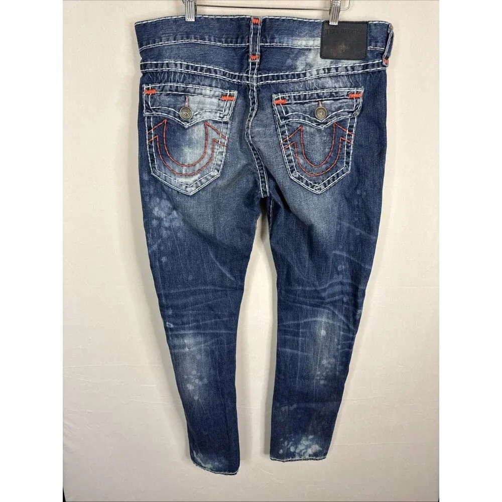 True Religion Ricky Relaxed Straight Jeans 38x32 Made USA Distressed‎ Flap